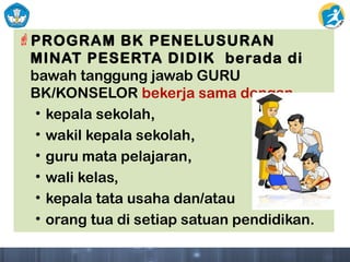 PROGRAM BK PENELUSURAN
MINAT PESERTA DIDIK berada di
bawah tanggung jawab GURU
BK/KONSELOR bekerja sama dengan
• kepala sekolah,
• wakil kepala sekolah,
• guru mata pelajaran,
• wali kelas,
• kepala tata usaha dan/atau
• orang tua di setiap satuan pendidikan.
 