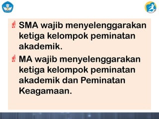 SMA wajib menyelenggarakan
ketiga kelompok peminatan
akademik.
MA wajib menyelenggarakan
ketiga kelompok peminatan
akademik dan Peminatan
Keagamaan.
 