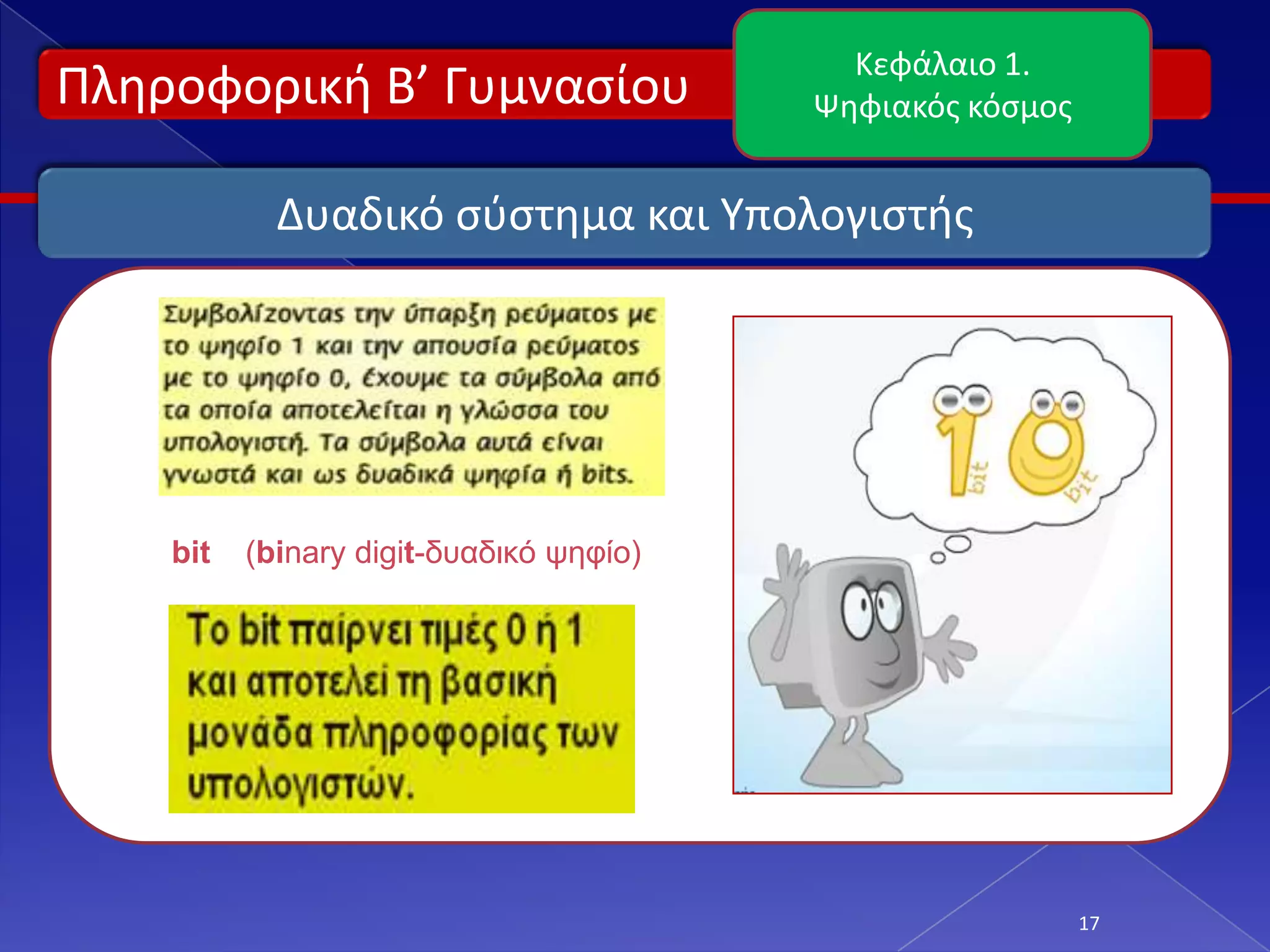 Κεφάλαιο 1.
Πλθροφορικι Β’ Γυμναςίου                 Ψθφιακόσ κόςμοσ


            Δυαδικό ςφςτθμα και Υπολογιςτισ




    bit   (binary digit-δςαδικό τηθίο)




                                                           17
 