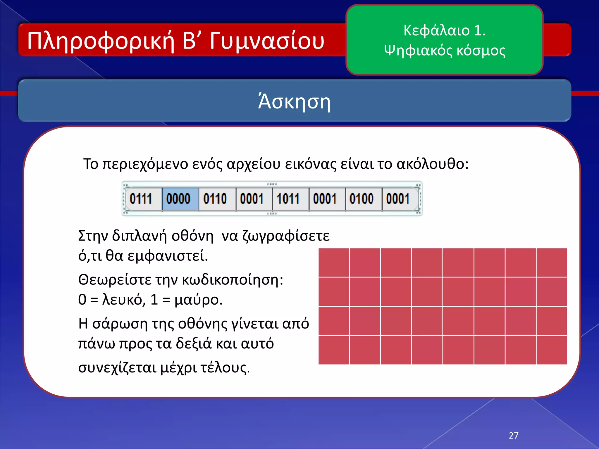 Κεφάλαιο 1.
Πλθροφορικι Β’ Γυμναςίου                      Ψθφιακόσ κόςμοσ


                            Άςκθςθ

    Το περιεχόμενο ενόσ αρχείου εικόνασ είναι το ακόλουκο:



    Στθν διπλανι οκόνθ να ηωγραφίςετε
    ό,τι κα εμφανιςτεί.
    Θεωρείςτε τθν κωδικοποίθςθ:
    0 = λευκό, 1 = μαφρο.
    Η ςάρωςθ τθσ οκόνθσ γίνεται από
    πάνω προσ τα δεξιά και αυτό
    ςυνεχίηεται μζχρι τζλουσ.


                                                                27
 