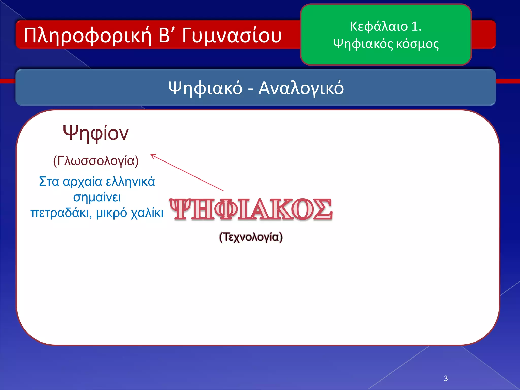 Κεφάλαιο 1.
Πλθροφορικι Β’ Γυμναςίου                    Ψθφιακόσ κόςμοσ


                           Ψθφιακό - Αναλογικό

     Ψηφίον
   (Γλωσσολογία)
 Στα αρχαία ελληνικά
      σημαίνει
πετραδάκι, μικρό χαλίκι.




                                                              3
 