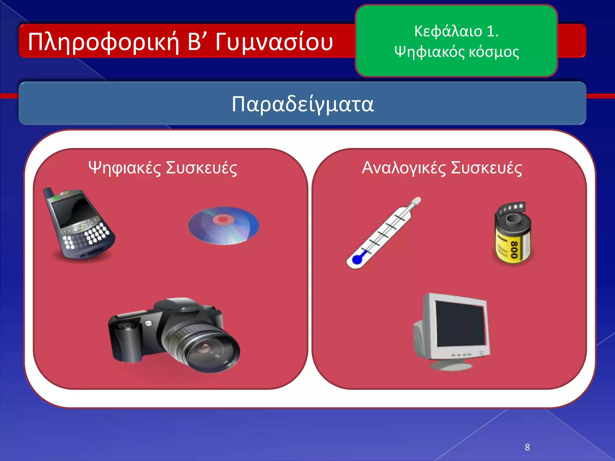 Κεφάλαιο 1.
Πλθροφορικι Β’ Γυμναςίου           Ψθφιακόσ κόςμοσ


                    Παραδείγματα

    Ψηθιακέρ Σςζκεςέρ         Αναλογικέρ Σςζκεςέρ




                                                     8
 