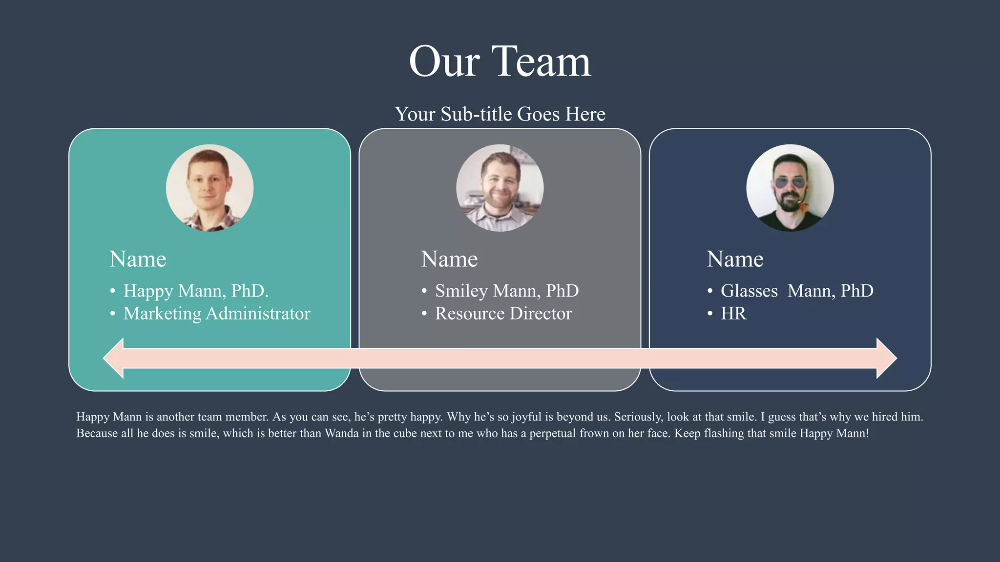 Our Team
Happy Mann is another team member. As you can see, he’s pretty happy. Why he’s so joyful is beyond us. Seriously, look at that smile. I guess that’s why we hired him.
Because all he does is smile, which is better than Wanda in the cube next to me who has a perpetual frown on her face. Keep flashing that smile Happy Mann!
Your Sub-title Goes Here
Name
• Happy Mann, PhD.
• Marketing Administrator
Name
• Smiley Mann, PhD
• Resource Director
Name
• Glasses Mann, PhD
• HR
 