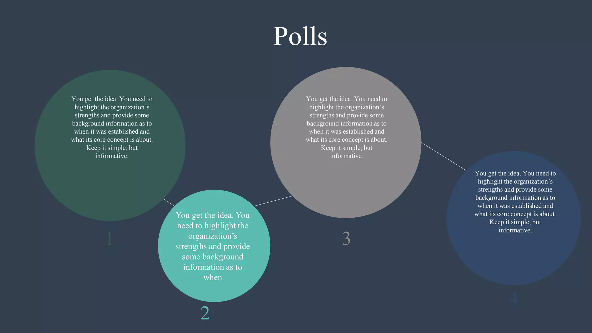 Polls
You get the idea. You need to
highlight the organization’s
strengths and provide some
background information as to
when it was established and
what its core concept is about.
Keep it simple, but
informative.
You get the idea. You need to
highlight the organization’s
strengths and provide some
background information as to
when it was established and
what its core concept is about.
Keep it simple, but
informative.
You get the idea. You need to
highlight the organization’s
strengths and provide some
background information as to
when it was established and
what its core concept is about.
Keep it simple, but
informative.
You get the idea. You
need to highlight the
organization’s
strengths and provide
some background
information as to
when
1
2
3
4
 