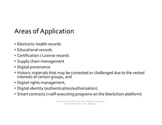 Areas of Application
• Electronic health records
• Educational records
• Certification / License records
• Supply chain management
• Digital provenance
• Historic materials that may be contested or challenged due to the vested
interests of certain groups, and
• Digital rights management,
• Digital identity (authentication/authorization)
• Smart contracts (=self-executing programs on the blockchain platform)
Bohyun Kim, " Blockchain Overview: Possibilities and Issues,"
National Blockchain Forum, 08/06/2018.
 