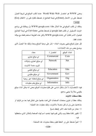 ~
124
~
‫ػى‬‫ة‬ ‫كو‬
WWW
‫ر‬ ‫ػ‬‫ص‬‫اخه‬ ‫ػك‬‫ه‬
World Wide Web
‫اف‬‫ك‬‫ػ‬‫ة‬ ‫اح‬ ‫ػريط‬‫ش‬ ‫ػي‬ ‫ػع‬ ‫احوك‬ ‫ػب‬‫ه‬ ‫ه‬ ‫ػدو‬‫ة‬‫ع‬
( ‫ؿ‬ ‫االدخ‬ ‫زر‬ ‫عأى‬ ‫ط‬ ‫هض‬
Enter
‫زر‬ ‫ػى‬‫أ‬‫ع‬ ‫ة‬
‫ر‬ ‫ػ‬ ‫ح‬ ‫ث‬ ‫ط‬ ‫ػ‬‫ض‬‫ه‬ ‫اك‬ ‫هيح‬ ‫ػ‬ ‫احو‬ ‫د‬ ‫حك‬ ‫ي‬ )
( ‫ؿ‬ ‫ػ‬‫ا‬‫االةه‬
Go
)
‫هب‬ ‫ه‬ ‫اف‬ ‫ةؾ‬ ‫يو‬
:‫ػذا‬ ‫ه‬ ‫ؿ‬ ‫احوث‬ ‫هذا‬ ‫ي‬ ‫ع‬ ‫احوك‬
WWW.google.com
‫و‬ ‫ػ‬‫ة‬‫ثر‬ ‫ػي‬ ‫ػؾ‬‫ة‬ ‫كيو‬ ‫ػؿ‬‫ث‬
‫ػط‬‫ػ‬‫ا‬ ‫ػب‬‫ه‬ ‫ه‬ ‫اف‬ ‫ار‬
‫ر‬‫ػثأك‬‫ػ‬‫س‬ ‫ا‬ ‫ػت‬‫ة‬‫اةهر‬
google
‫ي‬ ‫ػ‬‫ه‬ ‫و‬ ‫ط‬ ‫ػ‬‫ػ‬‫ض‬‫ه‬ ‫ػـ‬‫ث‬
Ctrl+Enter
‫هيح‬ ‫ػ‬‫ػ‬ ‫احو‬ ‫ػد‬ ‫حك‬ ‫ػي‬‫ػ‬
‫ػى‬‫ح‬‫ا‬ ‫ن‬‫ػ‬‫ػ‬‫ي‬‫ئ‬ ‫هأا‬ ‫ػـ‬‫ػ‬‫س‬‫اال‬ ‫ػكؿ‬ ‫يه‬
WWW.google.com
‫ػت‬‫ػ‬ ‫ا‬‫ك‬‫و‬ ‫ػع‬‫ػ‬‫و‬ ‫ػط‬‫ػ‬‫ا‬ ‫ػهخدـ‬‫س‬‫ه‬ ‫ػد‬‫ػ‬‫ا‬‫احطري‬ ‫ػذل‬‫ػ‬‫ه‬ ‫ػف‬‫ػ‬ ‫كح‬
.com
.‫اط‬
‫ركؼ‬ ‫ث‬ ‫يةهلي‬ ‫ع‬ ‫حوك‬ ‫اف‬‫ك‬‫عة‬ ‫ؿ‬
-
‫اوهداد‬
-
‫هذا‬ ‫احيؾ‬‫ك‬ ‫ل‬ ‫ة‬ ‫كو‬ ‫ع‬ ‫احوك‬ ‫ةكعيد‬ ‫عأى‬ ‫هدؿ‬
‫احذم‬ ‫احندكؿ‬
:‫االوهدادات‬ ‫هذل‬ ‫وف‬ ‫ض‬ ‫ث‬ ‫يكضح‬
‫ع‬ ‫احوك‬ ‫اوهداد‬
‫ػ‬‫ح‬ ‫ر‬ ‫اخهص‬
‫ل‬ ‫ة‬ ‫و‬
Com
Commercial
‫م‬
‫ر‬ ‫هن‬ ‫ع‬ ‫وك‬ ‫ام‬
Net
Network
‫ت‬ ‫كشر‬ ‫م‬
‫ر‬ ‫اخث‬ ‫ع‬ ‫وك‬ ‫ام‬
‫االةهرةت‬ ‫خدود‬ ‫حهزكيد‬
Edu
Education
‫أيوي‬ ‫ه‬ ‫ع‬ ‫وك‬ ‫ام‬
Gov
Government
‫كوي‬ ‫ع‬ ‫وك‬ ‫ام‬
Org
Organization
‫يد‬ ‫رث‬ ‫غير‬ ‫حوةظود‬ ‫ع‬ ‫وك‬ ‫ام‬
Info
Information
‫ت‬ ‫أكو‬ ‫و‬ ‫يادـ‬ ‫ع‬ ‫وك‬ ‫ام‬
‫ثو‬ ‫ع‬ ‫احوك‬ ‫ت‬ ‫هكي‬ ‫و‬ ‫ة‬
‫ر‬ ‫عأى‬ ‫سي‬ ‫اس‬ ‫ؿ‬ ‫ثش‬ ‫هدؿ‬ ‫ال‬ ‫ات‬
‫ر‬ ‫االخهص‬ ‫لذل‬
‫ع‬ ‫وك‬ ‫ء‬ ‫اةش‬ ‫ف‬ ‫يو‬ ‫اةت‬ ‫ةى‬
‫ػ‬‫ث‬ ‫يةهلي‬ ‫ال‬
‫ك‬ ‫وثال‬ ‫كوي‬
gov
.
‫االنترنت‬ ‫صحفات‬ ‫حفظ‬
‫اك‬ ‫ػ‬‫ل‬‫اه‬
‫ر‬ ‫ػف‬‫و‬ ‫ػد‬ ‫ث‬ ‫يو‬ ‫ف‬ ‫ههو‬ ‫هى‬ ‫ل‬ ‫ه‬ ‫ث‬ ‫وت‬ ‫احهي‬ ‫ت‬ ‫احص‬ ‫ت‬ ‫ص‬ ‫هخزيف‬ ‫اك‬ ‫ظ‬ ‫ةؾ‬ ‫يو‬
:‫وأيد‬ ‫اح‬ ‫هذل‬ ‫ات‬‫ك‬‫خط‬ ‫احيؾ‬‫ك‬ ،‫الةهرةت‬ ‫ث‬ ‫وهصال‬ ‫ف‬ ‫ه‬ ‫حـ‬ ‫اف‬‫ك‬ ‫هى‬ ‫هدهل‬ ‫وش‬
.
-
)‫سـ‬ ‫ث‬ ‫ظ‬ ( ‫االور‬ ‫وأؼ‬ ‫ئود‬ ‫وف‬ ‫ر‬ ‫ةخه‬
.
-
‫ػ‬‫ل‬‫هظ‬
‫ظل‬ ‫ػه‬‫ػ‬‫س‬ ‫ػذم‬‫ػ‬‫ح‬‫ا‬ ‫ف‬ ‫ػ‬‫ػ‬ ‫احو‬‫ك‬ ‫د‬ ‫ػ‬‫ص‬‫اح‬ ‫ػذل‬‫ػ‬‫ل‬‫ح‬ ‫ػـ‬‫ػ‬‫س‬‫ا‬ ‫ػد‬‫ي‬‫د‬ ‫ثه‬ ‫ػ‬‫ػ‬‫ل‬‫ي‬ ‫ػكـ‬‫ػ‬‫ا‬‫ه‬ ‫ػي‬‫ػ‬‫ه‬‫اح‬‫ك‬ ‫ػب‬‫ي‬‫ك‬ ‫ػظ‬‫ػ‬ ‫ػذة‬‫ػ‬ ‫ة‬ ‫ر‬
.‫يت‬
2
-
.‫د‬ ‫احص‬ ‫هذل‬ ‫ت‬ ‫هكي‬ ‫و‬ ‫ظ‬ ‫ث‬ ‫ياكـ‬ ‫ظ‬ ‫اح‬ ‫زر‬ ‫عأى‬ ‫ط‬ ‫ةض‬ ‫ن‬
‫ا‬
‫ر‬‫اخي‬
 