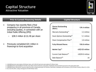 Capital Structure
    Attractive Valuation
                                                                                                                                                                        TSX: BKI


               Prior & Current Financing Details                                                                          Capital Structure

•        Company has recently filed a final
                                                                                                   Shares Outstanding
         prospectus in all provinces of Canada,                                                                                                          139.4 million
                                                                                                   (Basic)
         excluding Quebec, in connection with an
         Initial Public Offering (IPO)                                                             Warrants Outstanding(1)                                   3.3 million

           –      $38.5 million @ $1.40 per share                                                  Stock Options Outstanding(2)                              5.1 million

                                                                                                   Share Compensation Plan(3)                                3.0 million

•        Previously completed $31 million in                                                       Fully-Diluted Shares                                  150.8 million
         financings to fund acquisition
                                                                                                   Market Cap(4)                                    ~US$125 million

                                                                                                   Current Cash Balance(4)                           ~US$39.0 million

                                                                                                   Debt Balance(4)                                                       nil


    1.   1,626,000 warrants exercisable at $0.50 per share, and 1,653,312 warrants exercisable at $1.40 per share.
    2.   5,050,000 options granted March 29, 2011 at $1.40 per share to Directors, Executives, Employees and Consultants pursuant to the stock option plan.
    3.   3,000,000 shares reserved for issuance under the share compensation plan for Directors, Executives, Employees and Consultants; 253,153 were issued on March 31, 2011.
    4.   As at June 30, 2011, using a closing price of CAD 0.90 per share.
                                                                                                                                                                                   6
 