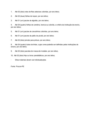 1. Até 02 (dois) rolos de fitas adesivas coloridas, por ano letivo;
2. Até 02 (duas) folhas de isopor, por ano letivo;
3. Até 01 (um) pacote de algodão, por ano letivo;
4. Até 04 (quatro) folhas de cartolina, branca ou colorida, a critério da instituição de ensino,
por ano letivo;
5. Até 01 (um) pacote de canudinhos coloridos, por ano letivo;
6. Até 01 (um) pacote de palito de picolé, por ano letivo;
7. Até 02 (dois) pincéis para pintura, por ano letivo;
8. Até 04 (quatro) tubos de tintas, cujas cores poderão ser definidas pelas instituições de
ensino, por ano letivo;
9. Até 02 (dois) pacotes de massa de modelar, por ano letivo;
10. Até 02 (dois) Hqs ou livros paradidáticos, por ano letivo;
· Ditos materiais devem ser individualizados
Fonte: Procon-PE
 