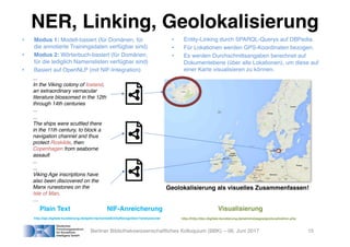 NER, Linking, Geolokalisierung
Berliner Bibliothekswissenschaftliches Kolloquium (BBK) – 06. Juni 2017
...
In the Viking c...