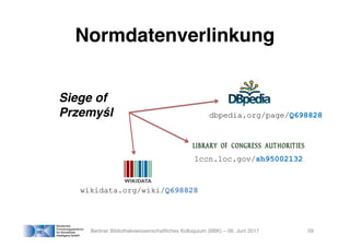 Normdatenverlinkung
Berliner Bibliothekswissenschaftliches Kolloquium (BBK) – 06. Juni 2017 59
wikidata.org/wiki/Q698828
d...