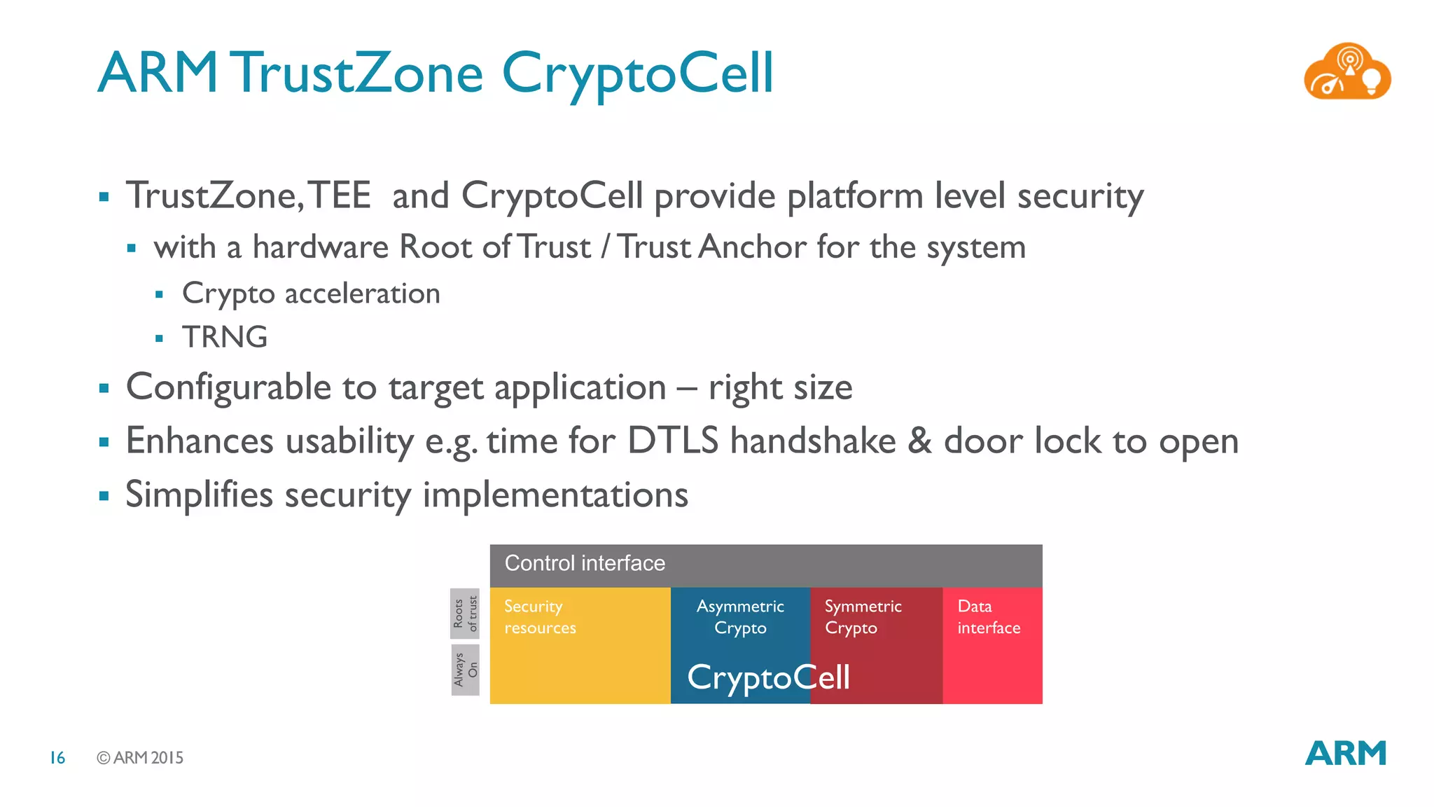 © ARM 201516
ARM TrustZone CryptoCell
 TrustZone,TEE and CryptoCell provide platform level security
 with a hardware Root of Trust /Trust Anchor for the system
 Crypto acceleration
 TRNG
 Configurable to target application – right size
 Enhances usability e.g. time for DTLS handshake & door lock to open
 Simplifies security implementations
Asymmetric
Crypto
Symmetric
Crypto
Data
interface
Security
resources
Roots
oftrust
Always
On
Control interface
CryptoCell
 