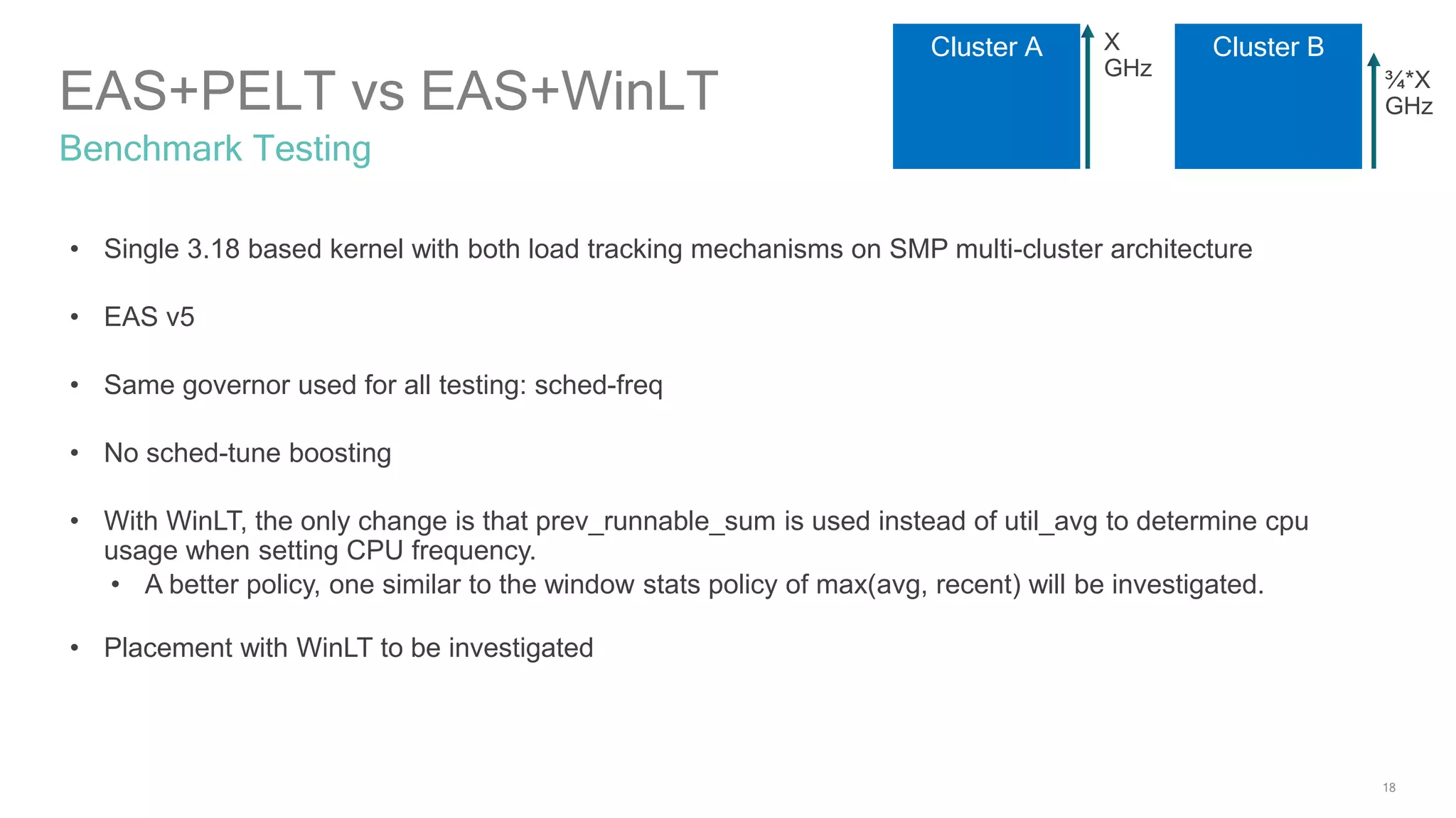 18
EAS+PELT vs EAS+WinLT
Benchmark Testing
Cluster A Cluster BX
GHz ¾*X
GHz
• Single 3.18 based kernel with both load tracking mechanisms on SMP multi-cluster architecture
• EAS v5
• Same governor used for all testing: sched-freq
• No sched-tune boosting
• With WinLT, the only change is that prev_runnable_sum is used instead of util_avg to determine cpu
usage when setting CPU frequency.
• A better policy, one similar to the window stats policy of max(avg, recent) will be investigated.
• Placement with WinLT to be investigated
 