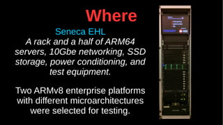 Where
Seneca EHL
A rack and a half of ARM64
servers, 10Gbe networking, SSD
storage, power conditioning, and
test equipment.
Two ARMv8 enterprise platforms
with different microarchitectures
were selected for testing.
 