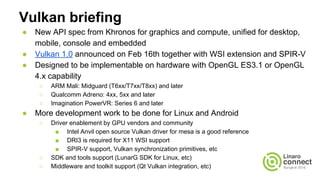 Vulkan briefing
● New API spec from Khronos for graphics and compute, unified for desktop,
mobile, console and embedded
● Vulkan 1.0 announced on Feb 16th together with WSI extension and SPIR-V
● Designed to be implementable on hardware with OpenGL ES3.1 or OpenGL
4.x capability
○ ARM Mali: Midguard (T6xx/T7xx/T8xx) and later
○ Qualcomm Adreno: 4xx, 5xx and later
○ Imagination PowerVR: Series 6 and later
● More development work to be done for Linux and Android
○ Driver enablement by GPU vendors and community
■ Intel Anvil open source Vulkan driver for mesa is a good reference
■ DRI3 is required for X11 WSI support
■ SPIR-V support, Vulkan synchronization primitives, etc
○ SDK and tools support (LunarG SDK for Linux, etc)
○ Middleware and toolkit support (Qt Vulkan integration, etc)
 