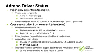 Adreno Driver Status
● Proprietary driver from Qualcomm
○ Open source components
■ Kernel mode driver (kgsl)
■ xf86-video-msm DDX driver
○ Binary user space drivers (EGL, OpenGL ES, Renderscript, OpenCL, gralloc, etc)
● Open source driver from community (freedreno)
○ Kernel mode driver (msm.ko)
■ First merged in kernel 3.12 for Adreno 2xx/3xx support
■ Adreno 4xx support added in kernel 3.19
○ libdrm_freedreno (support both msm and kgsl kernel mode drivers)
○ mesa/gallium (msm_dri.so)
■ OpenGL 3.1 and OpenGL ES3.0 for A3xx/4xx (OGL 1.4 and ES2.0 for A2xx)
■ No OpenCL support
○ xf86-video-freedreno DDX driver (support both fbdev and KMS display driver)
■ 2D HW acceleration with XA state tracker of Gallium
 