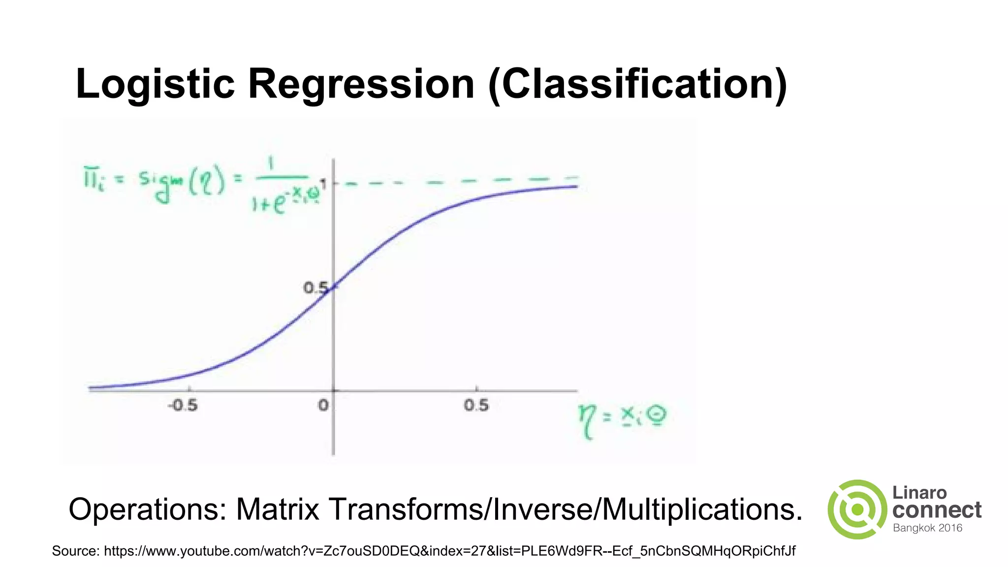 Logistic Regression (Classification)
Operations: Matrix Transforms/Inverse/Multiplications.
Source: https://www.youtube.com/watch?v=Zc7ouSD0DEQ&index=27&list=PLE6Wd9FR--Ecf_5nCbnSQMHqORpiChfJf
 
