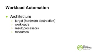 Workload Automation
● Architecture
○ target (hardware abstraction)
○ workloads
○ result processors
○ resources
 
