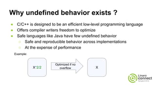 Why undefined behavior exists ?
● C/C++ is designed to be an efficient low-level programming language
● Offers compiler writers freedom to optimize
● Safe languages like Java have few undefined behavior
○ Safe and reproducible behavior across implementations
○ At the expense of performance
X*2/2 X
Optimized if no
overflow
Example:
 