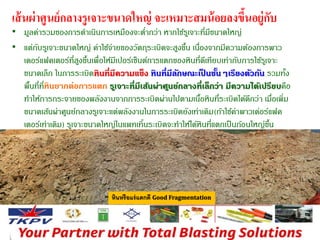 เส้นผ่าศูนย์กลางรูเจาะขนาดใหญ่ จะเหมาะสมน้อยลงขึ้นอยู่กับ 
• มูลค่ารวมของการดา เนินการเหมืองจะตา่กว่า หากใช้รเูจาะที่มีขนาดใหญ่ 
• แต่กับรเูจาะขนาดใหญ่ ค่าใช้จ่ายของวัตถุระเบิดจะสูงขนึ้ เนอื่งจากมีความต้องการพาว 
เดอร์แฟคเตอร์ที่สูงขนึ้เพื่อให้มีเปอร์เซ็นต์การแตกของหินที่ดีเทียบเท่ากับการใช้รเูจาะ 
ขนาดเล็ก ในการระเบิดหินที่มีความแข็ง หินที่มีลักษณะเป็นชนั้ๆเรียงตัวกัน รวมทงั้ 
พื้นที่ทหีิ่นยากต่อการแตก รเูจาะที่มีเส้นผ่าศนูย์กลางที่เล็กว่า มีความได้เปรียบคือ 
ทา ให้การกระจายของพลังงานจากการระเบิดผ่านไปตามเนอื้หินที่ระเบิดได้ดีกว่า เมอื่เพิ่ม 
ขนาดเส้นผ่าศูนย์กลางรเูจาะแต่พลังงานในการระเบิดยังเท่าเดิม(ถ้าใช้ค่าพาวเด่อร์แฟค 
เตอร์เท่าเดิม) รเูจาะขนาดใหญ่ในแพทเทิ้นระเบิดจะทา ให้ได้หินที่แตกเป็นก้อนใหญ่ขนึ้ 
หินหรือแร่แตกดี Good Fragmentation 
 