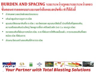 BURDEN AND SPACING ระยะระหว่างรูและระยะระหว่างแถว 
ขั้นตอนการออกแบบระยะเบอร์เด้นและสเปซซิ่ง ทาได้ดังนี้ 
• กาหนดพาวเดอร์แฟกเตอร์ออกแบบ 
• เส้นผ่าศูนย์กลางรเูจาะระเบิด 
• คุณสมบัติของผาหินที่จะระเบิด ( และโดยเฉพาะคุณสมบัติดังนี้ส่วนที่แข็งที่สุดของหิน, 
ความแข็งของหินส่วนใหญ่ โดยดจูากขเี้จาะหรือดริวคัท Drill Cut ของรรูะเบิด) 
• ขนาดของหินที่ต้องการหลังระเบิด, ระยะที่ต้องการให้หินเคลื่อนตัว, การกองของหินที่แตก 
หลังระเบิด ที่ต้องการ 
• ลักษณะโครงสร้างของหินที่ทา การระเบิด 
 