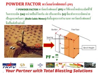 POWDER FACTOR พาว์เดอร์แฟคเตอร์ (PF) 
ค่าPOWDER FACTOR พาว์เดอร์แฟคเตอร์ (PF) หาได้จากน้า หนักระเบิดที่ใช้ 
ในการระเบิด (풎) หน่วยเป็นกิโลกรัม ต่อ ปริมาตรหิน (흂) ที่จะทา การระเบิดหน่วย 
เป็นลูกบาศก์เมตร (Bulk Cubic Meter) ดังนั้นสูตรการคา นวนหา พาว์เดอร์แฟคเตอร์ 
จึงเป็นดังข้างล่างนี้ 
PF = 
풎 
흂 
 