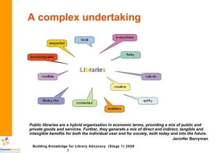 A complex undertaking Public libraries are a hybrid organisation in economic terms, providing a mix of public and private goods and services. Further, they generate a mix of direct and indirect, tangible and intangible benefits for both the individual user and for society, both today and into the future. Jennifer Berryman 