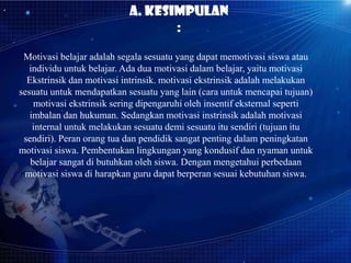 A. KESIMPULAN
:
Motivasi belajar adalah segala sesuatu yang dapat memotivasi siswa atau
individu untuk belajar. Ada dua motivasi dalam belajar, yaitu motivasi
Ekstrinsik dan motivasi intrinsik. motivasi ekstrinsik adalah melakukan
sesuatu untuk mendapatkan sesuatu yang lain (cara untuk mencapai tujuan)
motivasi ekstrinsik sering dipengaruhi oleh insentif eksternal seperti
imbalan dan hukuman. Sedangkan motivasi instrinsik adalah motivasi
internal untuk melakukan sesuatu demi sesuatu itu sendiri (tujuan itu
sendiri). Peran orang tua dan pendidik sangat penting dalam peningkatan
motivasi siswa. Pembentukan lingkungan yang kondusif dan nyaman untuk
belajar sangat di butuhkan oleh siswa. Dengan mengetahui perbedaan
motivasi siswa di harapkan guru dapat berperan sesuai kebutuhan siswa.

 