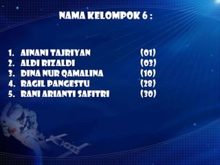 NAMA KELOMPOK 6 :

1.
2.
3.
4.
5.

AINANI TAJRIYAN
ALDI RIZALDI
DINA NUR QAMALINA
RAGIL PANGESTU
RANI ARIANTI SAFITRI

(01)
(03)
(10)
(28)
(30)

 