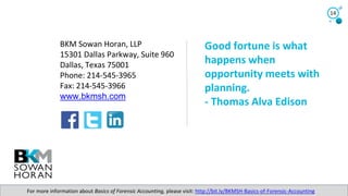 Good fortune is what
happens when
opportunity meets with
planning.
- Thomas Alva Edison
14
BKM Sowan Horan, LLP
15301 Dallas Parkway, Suite 960
Dallas, Texas 75001
Phone: 214-545-3965
Fax: 214-545-3966
www.bkmsh.com
For more information about Basics of Forensic Accounting, please visit: http://bit.ly/BKMSH-Basics-of-Forensic-Accounting
 
