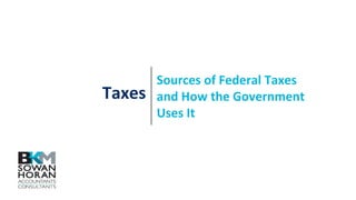 Taxes
Sources of Federal Taxes
and How the Government
Uses It
 