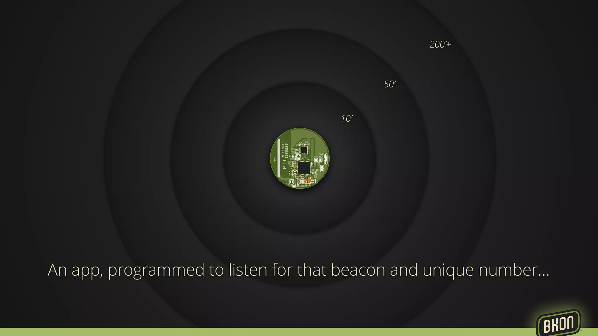 200’+ 
10’ 
50’ 
An app, programmed to listen for that beacon and unique number… 
 