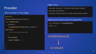 Poznan Flutter Developer Group
@override
Widget build(BuildContext context) {
return MultiProvider(
providers: [
ChangeNotifierProvider(builder: (context) =>
UserLogin()),
//hint: other providers go here
],
child: Scaffold(
appBar: AppBar( …. )
)
);
}
class UserLogin with ChangeNotifier {
String _user;
….
}
UserLogin userLogin = Provider.of<UserLogin>(context);
userLogin.someAction();
userLogin.notifyListeners(); // usually inside another method
 