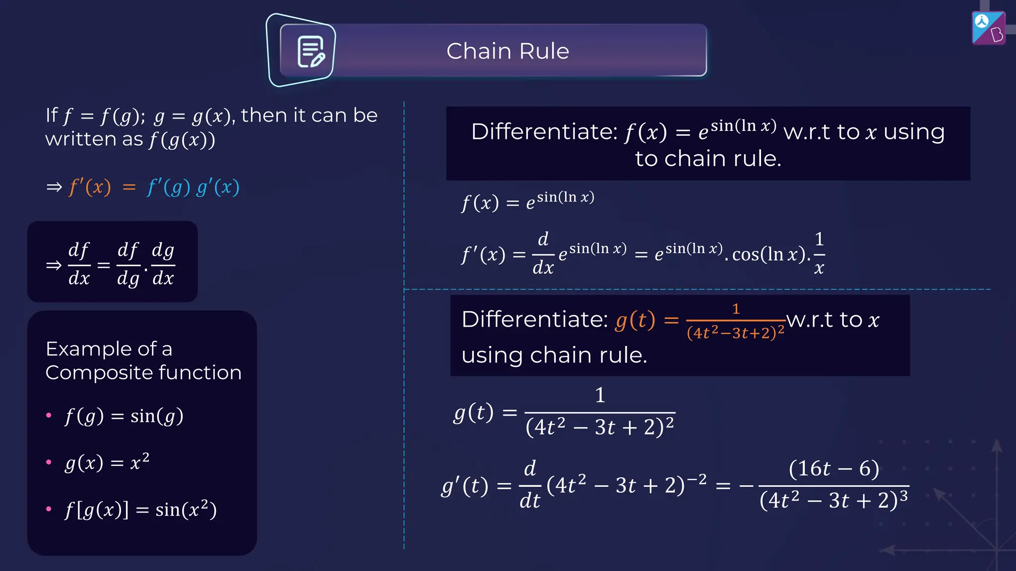 ⇒
𝑑𝑓
𝑑𝑥
=
𝑑𝑓
𝑑𝑔
.
𝑑𝑔
𝑑𝑥
⇒ 𝑓′(𝑥) = 𝑓′(𝑔) 𝑔′(𝑥)
Example of a
Composite function
• 𝑓 𝑔 = sin 𝑔
• 𝑔 𝑥 = 𝑥2
• 𝑓 𝑔 𝑥 = sin(𝑥2
)
If 𝑓 = 𝑓(𝑔); 𝑔 = 𝑔(𝑥), then it can be
written as 𝑓(𝑔(𝑥))
Chain Rule
Differentiate: 𝑓 𝑥 = 𝑒sin ln 𝑥
w.r.t to 𝑥 using
to chain rule.
𝑓 𝑥 = 𝑒sin ln 𝑥
𝑓′
(𝑥) =
𝑑
𝑑𝑥
𝑒sin ln 𝑥
= 𝑒sin ln 𝑥
. cos ln 𝑥 .
1
𝑥
Differentiate: 𝑔 𝑡 =
1
4𝑡2−3𝑡+2 2w.r.t to 𝑥
using chain rule.
𝑔 𝑡 =
1
4𝑡2 − 3𝑡 + 2 2
𝑔′
(𝑡) =
𝑑
𝑑𝑡
4𝑡2
− 3𝑡 + 2 −2
= −
(16𝑡 − 6)
4𝑡2 − 3𝑡 + 2 3
 