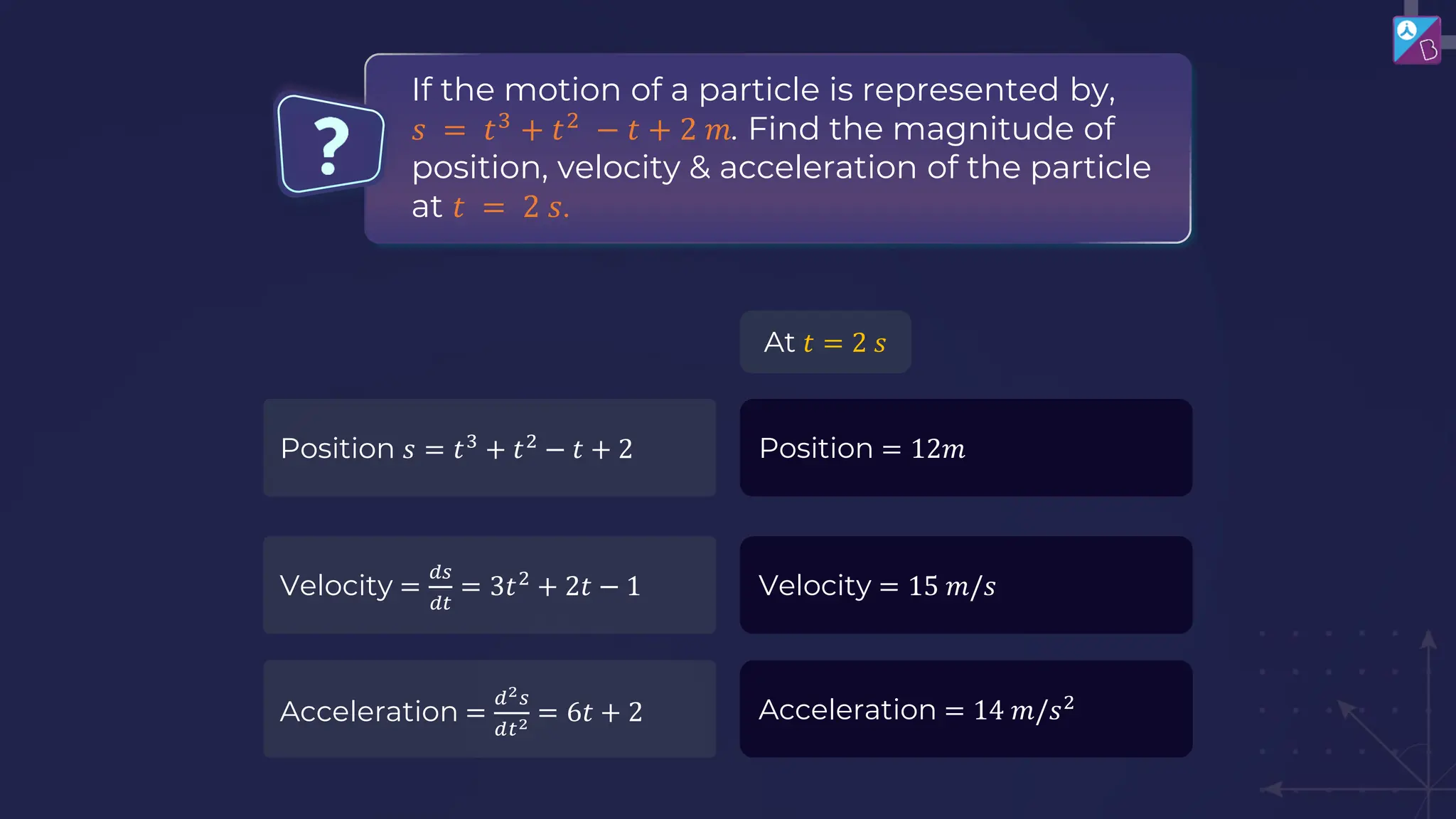 If the motion of a particle is represented by,
𝑠 = 𝑡3
+ 𝑡2
− 𝑡 + 2 𝑚. Find the magnitude of
position, velocity & acceleration of the particle
at 𝑡 = 2 𝑠.
At 𝑡 = 2 𝑠
Position = 12𝑚
Position 𝑠 = 𝑡3
+ 𝑡2
− 𝑡 + 2
Velocity =
𝑑𝑠
𝑑𝑡
= 3𝑡2
+ 2𝑡 − 1
Acceleration =
𝑑2𝑠
𝑑𝑡2 = 6𝑡 + 2
Velocity = 15 𝑚/𝑠
Acceleration = 14 𝑚/𝑠2
 