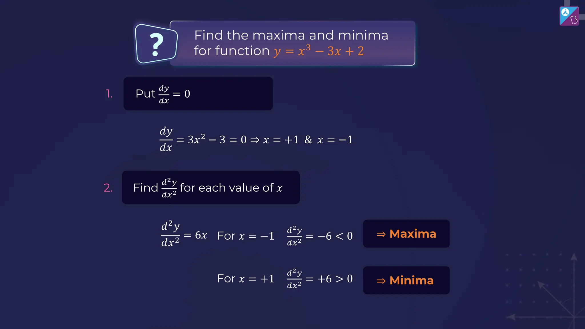 Find the maxima and minima
for function 𝑦 = 𝑥3
− 3𝑥 + 2
1. Put
𝑑𝑦
𝑑𝑥
= 0
𝑑𝑦
𝑑𝑥
= 3𝑥2
− 3 = 0 ⇒ 𝑥 = +1 & 𝑥 = −1
𝑑2
𝑦
𝑑𝑥2
= 6𝑥
For 𝑥 = +1
𝑑2𝑦
𝑑𝑥2 = +6 > 0
For 𝑥 = −1
𝑑2𝑦
𝑑𝑥2 = −6 < 0
⇒ Minima
⇒ Maxima
2. Find
𝑑2𝑦
𝑑𝑥2 for each value of 𝑥
 