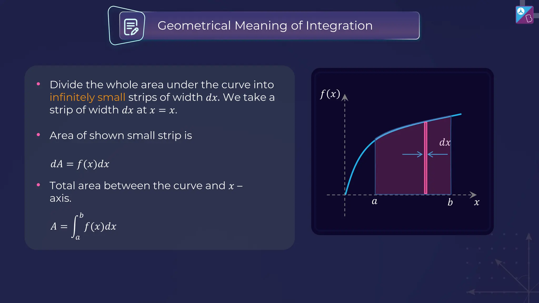 • Divide the whole area under the curve into
infinitely small strips of width 𝑑𝑥. We take a
strip of width 𝑑𝑥 at 𝑥 = 𝑥.
• Area of shown small strip is
𝑑𝐴 = 𝑓(𝑥)𝑑𝑥
• Total area between the curve and 𝑥 –
axis.
𝐴 = න
𝑎
𝑏
𝑓(𝑥)𝑑𝑥
Geometrical Meaning of Integration
𝑓 𝑥
𝑥
𝑑𝑥
𝑎 𝑏
 
