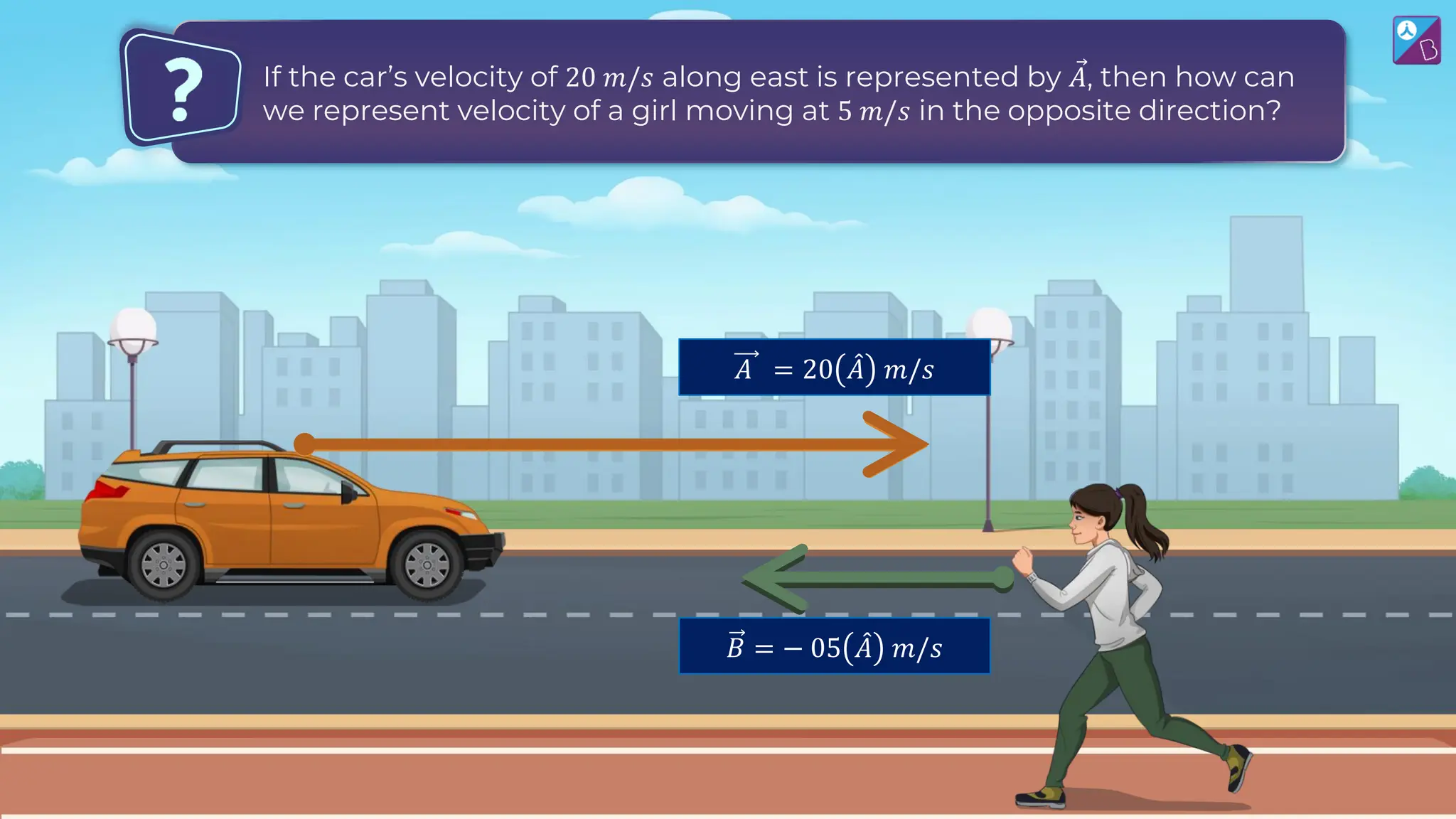 If a car has a velocity of 20 m/s in the east direction as shown in 𝐴 ?
(b) How to represent velocity vector of a girl running with 5 m/s in opposite
direction
𝐵 = − 05 መ
𝐴 𝑚/𝑠
𝐴 = 20 መ
𝐴 𝑚/𝑠
If the car’s velocity of 20 m/s along east is represented by Ԧ
𝐴, then how
can we represent velocity of a girl moving at 5 𝑚/𝑠 in the opposite
direction?
If the car’s velocity of 20 𝑚/𝑠 along east is represented by Ԧ
𝐴, then how can
we represent velocity of a girl moving at 5 𝑚/𝑠 in the opposite direction?
 