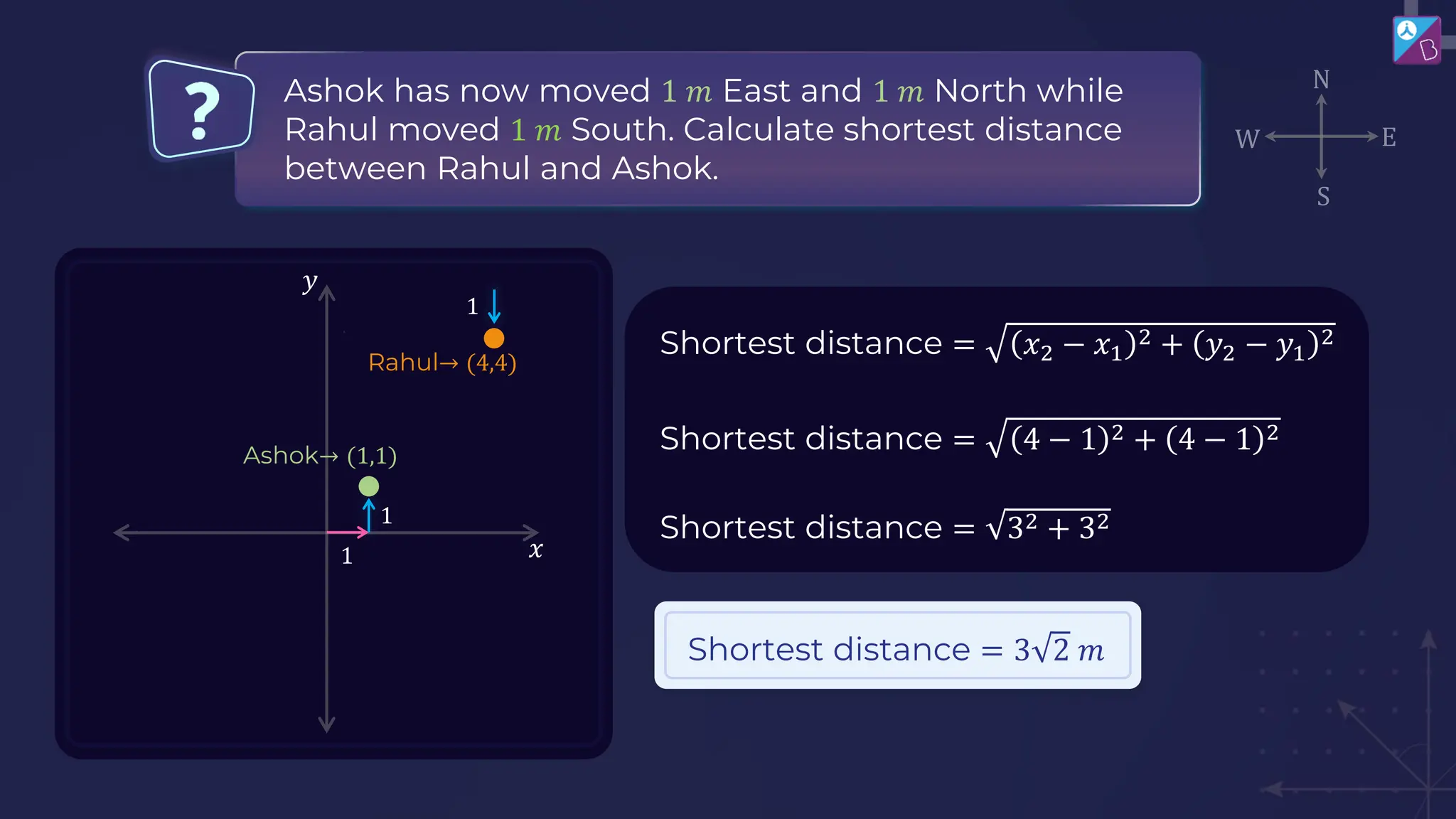 Ashok has now moved 1 𝑚 East and 1 𝑚 North while
Rahul moved 1 𝑚 South. Calculate shortest distance
between Rahul and Ashok.
Shortest distance = 𝑥2 − 𝑥1
2 + 𝑦2 − 𝑦1
2
Shortest distance = 4 − 1 2 + 4 − 1 2
Shortest distance = 32 + 32
Shortest distance = 3 2 𝑚
𝑥
𝑦
1
1
Rahul→ (4,4)
Ashok→ (1,1)
1
 