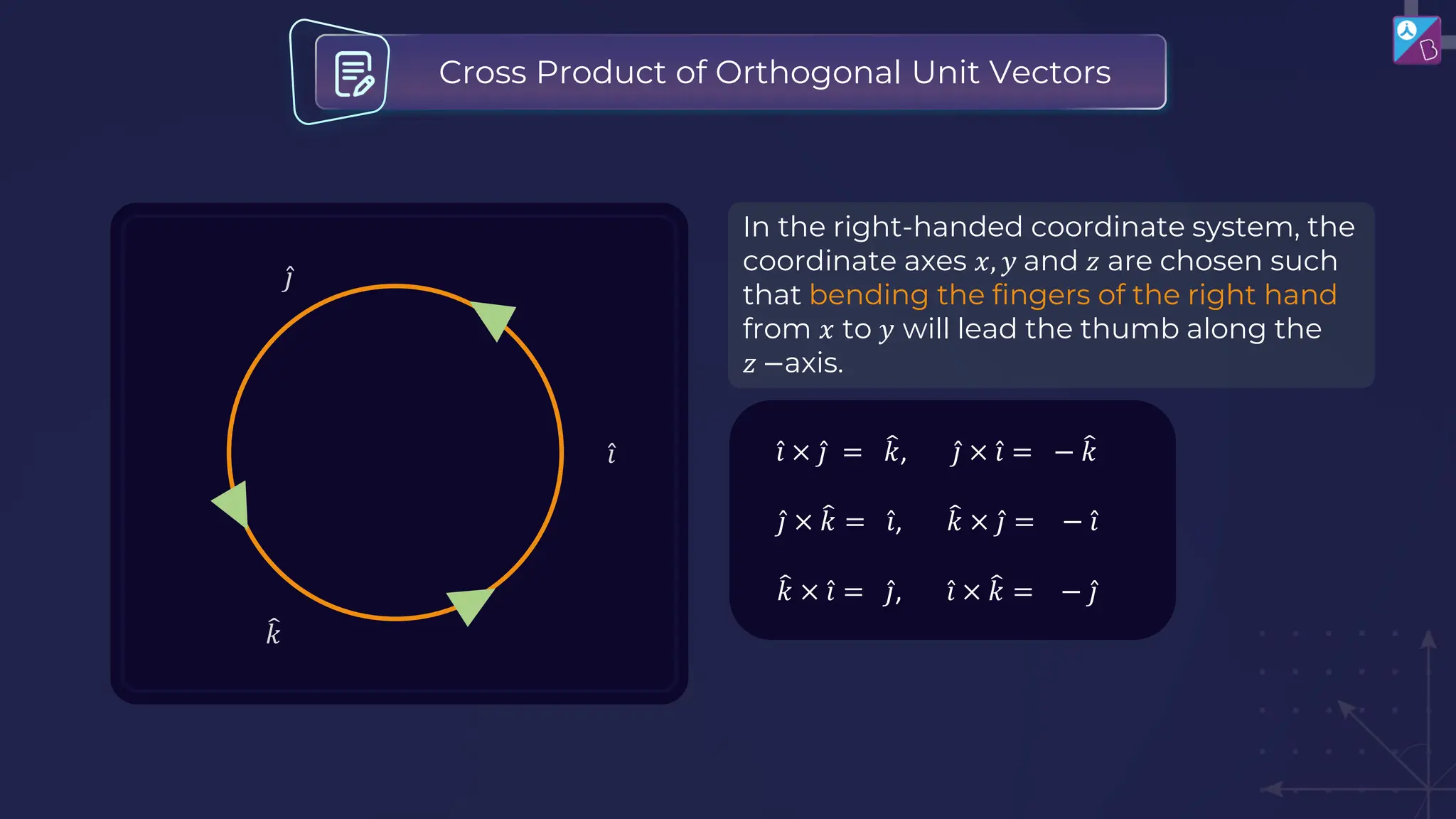 In the right-handed coordinate system, the
coordinate axes 𝑥, 𝑦 and 𝑧 are chosen such
that bending the fingers of the right hand
from 𝑥 to 𝑦 will lead the thumb along the
𝑧 −axis.
Ƹ
𝑖
Ƹ
𝑗
෠
𝑘
Ƹ
𝑖 × Ƹ
𝑗 = ෠
𝑘, Ƹ
𝑗 × Ƹ
𝑖 = − ෠
𝑘
Ƹ
𝑗 × ෠
𝑘 = Ƹ
𝑖, ෠
𝑘 × Ƹ
𝑗 = − Ƹ
𝑖
෠
𝑘 × Ƹ
𝑖 = Ƹ
𝑗, Ƹ
𝑖 × ෠
𝑘 = − Ƹ
𝑗
Cross Product of Orthogonal Unit Vectors
 