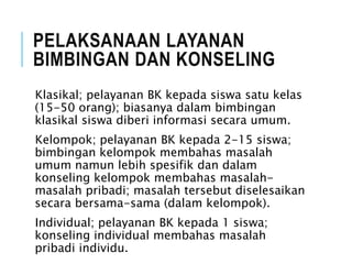 PELAKSANAAN LAYANAN
BIMBINGAN DAN KONSELING
Klasikal; pelayanan BK kepada siswa satu kelas
(15-50 orang); biasanya dalam bimbingan
klasikal siswa diberi informasi secara umum.
Kelompok; pelayanan BK kepada 2-15 siswa;
bimbingan kelompok membahas masalah
umum namun lebih spesifik dan dalam
konseling kelompok membahas masalah-
masalah pribadi; masalah tersebut diselesaikan
secara bersama-sama (dalam kelompok).
Individual; pelayanan BK kepada 1 siswa;
konseling individual membahas masalah
pribadi individu.
 