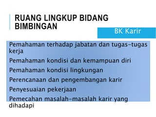RUANG LINGKUP BIDANG
BIMBINGAN
Pemahaman terhadap jabatan dan tugas-tugas
kerja
Pemahaman kondisi dan kemampuan diri
Pemahaman kondisi lingkungan
Perencanaan dan pengembangan karir
Penyesuaian pekerjaan
Pemecahan masalah-masalah karir yang
dihadapi
BK Karir
 