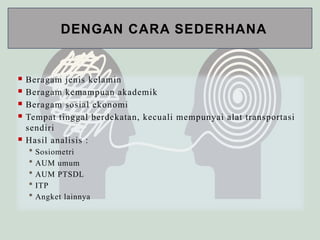 DENGAN CARA SEDERHANA
 Beragam jenis kelamin
 Beragam kemampuan akademik
 Beragam sosial ekonomi
 Tempat tinggal berdekatan, kecuali mempunyai alat transportasi
sendiri
 Hasil analisis :
 Sosiometri
 AUM umum
 AUM PTSDL
 ITP
 Angket lainnya
 