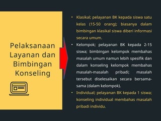 • Klasikal; pelayanan BK kepada siswa satu
kelas (15-50 orang); biasanya dalam
bimbingan klasikal siswa diberi informasi
secara umum.
• Kelompok; pelayanan BK kepada 2-15
siswa; bimbingan kelompok membahas
masalah umum namun lebih spesifik dan
dalam konseling kelompok membahas
masalah-masalah pribadi; masalah
tersebut diselesaikan secara bersama-
sama (dalam kelompok).
• Individual; pelayanan BK kepada 1 siswa;
konseling individual membahas masalah
pribadi individu.
Pelaksanaan
Layanan dan
Bimbingan
Konseling
 