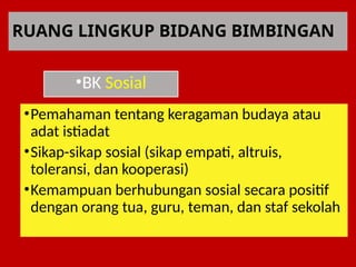 RUANG LINGKUP BIDANG BIMBINGAN
•BK Sosial
•Pemahaman tentang keragaman budaya atau
adat istiadat
•Sikap-sikap sosial (sikap empati, altruis,
toleransi, dan kooperasi)
•Kemampuan berhubungan sosial secara positif
dengan orang tua, guru, teman, dan staf sekolah
 