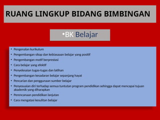 RUANG LINGKUP BIDANG BIMBINGAN
•BK Belajar
• Pengenalan kurikulum
• Pengembangan sikap dan kebiasaaan belajar yang positif
• Pengembangan motif berprestasi
• Cara belajar yang efektif
• Penyelesaian tugas-tugas dan latihan
• Pengembangan kesadaran belajar sepanjang hayat
• Pencarian dan penggunaan sumber belajar
• Penyesuaian diri terhadap semua tuntutan program pendidikan sehingga dapat mencapai tujuan
akademik yang diharapkan
• Perencanaan pendidikan lanjutan
• Cara mengatasi kesulitan belajar
 