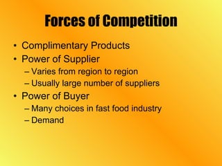 Forces of Competition Complimentary Products  Power of Supplier Varies from region to region Usually large number of suppliers Power of Buyer Many choices in fast food industry Demand  