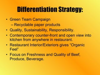 Differentiation Strategy: Green Team Campaign Recyclable paper products Quality, Sustainability, Responsibility. Contemporary counter-front and open view into kitchen from anywhere in restaurant. Restaurant Interior/Exteriors gives “Organic Feel” Focus on Freshness and Quality of Beef, Produce, Beverage.  