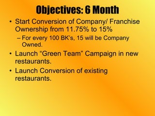 Objectives: 6 Month Start Conversion of Company/ Franchise Ownership from 11.75% to 15% For every 100 BK’s, 15 will be Company Owned. Launch “Green Team” Campaign in new restaurants. Launch Conversion of existing restaurants. 