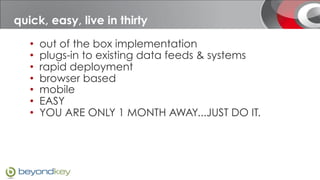 Immediate success
 quick, easy, live in thirty
     •    out of the box implementation
     •    plugs-in to existing data feeds & systems
     •    rapid deployment
     •    browser based
     •    mobile
     •    EASY
     •    YOU ARE ONLY 1 MONTH AWAY...JUST DO IT.
 